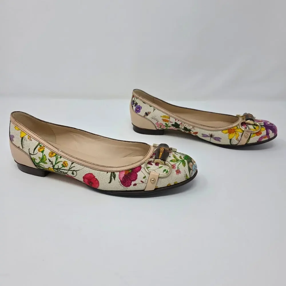Gucci Horsebit Ballerina Floral Vintage Bamboo Flats Canvas Leather IT 36C 6